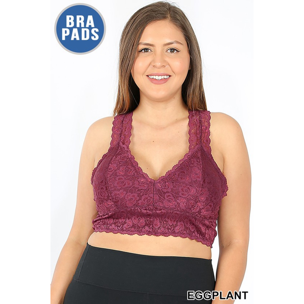 Zenana Purple Eggplant Padded Racerback Bralette Lace Pullover Size 1X